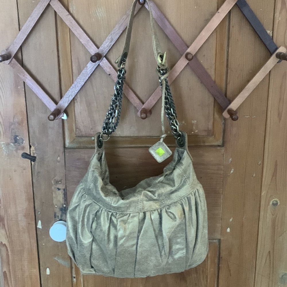 Donald J Pliner gold metallic leather brass chain shoulder bag